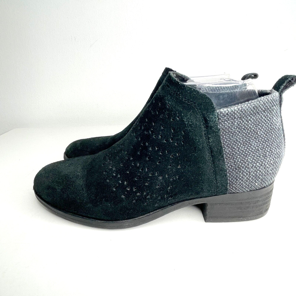 Toms Ankle Boots 6 Womens Deia Radial Perforated Black Suede Grey Tweed Booties